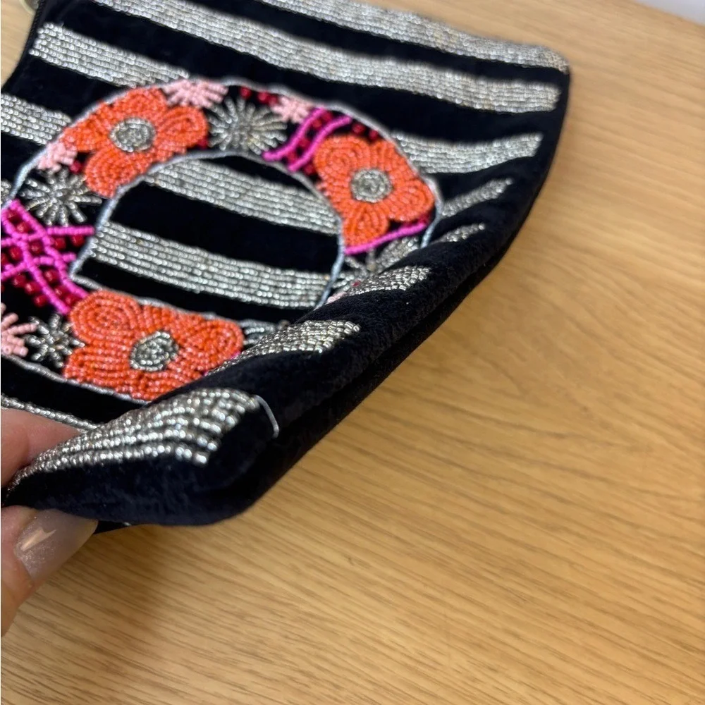 America & Beyond Beaded Initial D‎ Wristlet Clutch Black Velvet Floral Striped